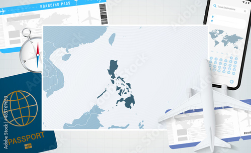 Journey to Philippines, illustration with a map of Philippines. Background with airplane, cell phone, passport, compass and tickets.