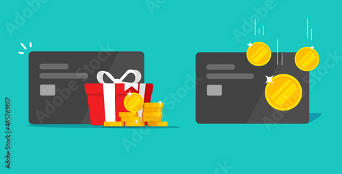 Reward points money bonus on credit bank card vector icon or cashback earnings gift as loyalty program concept flat cartoon illustration, redeem cash back or receiving financial offer income