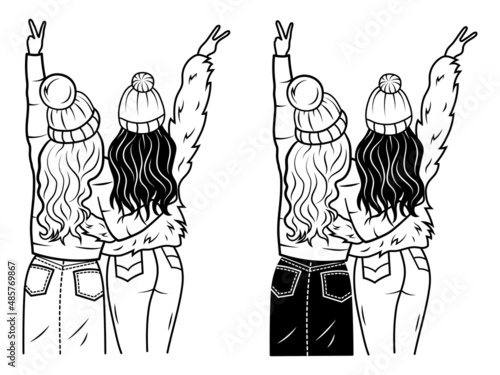 Set of two best friends hugging with their hands up. Collection of young people having good time together. Happy friendship day.  Fun meeting. Vector illustration of female strong friendships.
