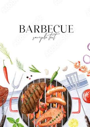 Watercolor barbecue invitation template. Pre-made card with food illustrations and copy space.  Fried meat steak, sausages and salmon on grill isolated on the white background. BBQ hand drawn poster.