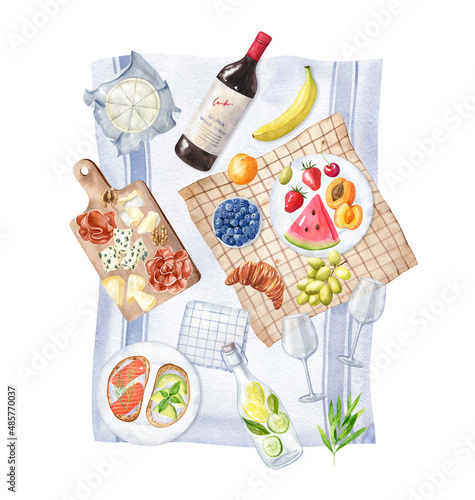 Watercolor flat lay picnic on light rug with red wine and glasses, fruits, sandwiches, cheese and antipasto on wooden board. Summer mood and outdoor recreation. Hand drawn isolated illustration.