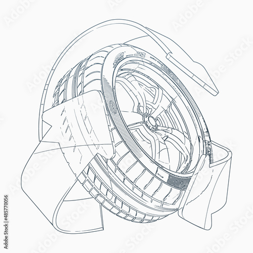 Tyre sketch. Recyclable tyre icon. Line art concept.