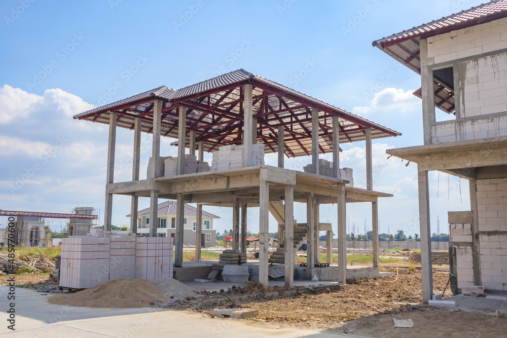 construction residential new house in progress at building site housing estate development construction residential new house in progress at building site housing estate development