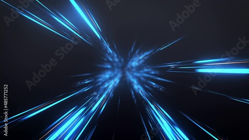 Abstract Dark Glow Blue light rays Background. Perspective view of Blue laser light burst motion. Long exposure time warp speed Lights lines Blue background camera zoom in. 4K photo