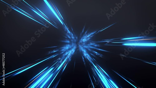 Abstract Dark Glow Blue light rays Background. Perspective view of Blue laser light burst motion. Long exposure time warp speed Lights lines Blue background camera zoom in. 4K