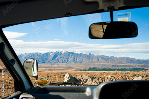 View of Southern Alps out of a Campervan, South Island, New Zealand