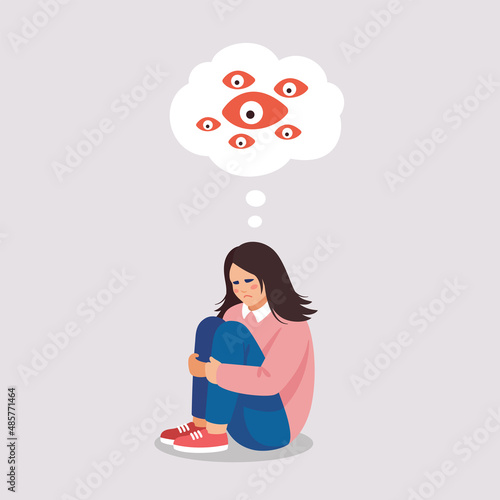 Sad tired girl suffers of depressive disorder, paranoia, stress, tears. Vector illustration of mental problems