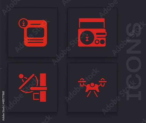 Set Drone, Information, News radio channel and Radar icon. Vector