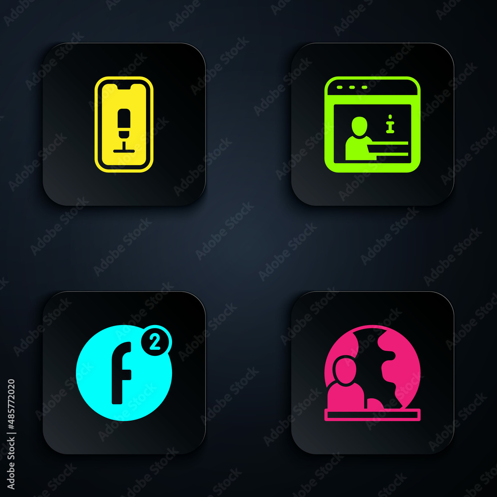 Set World news, Mobile recording, Create account and Information. Black square button. Vector Set World news, Mobile recording, Create account and Information. Black square button. Vector