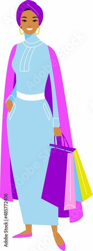 Illustration Arab Woman in Hijab with Shopping Bags. Modern fashion woman in hijab Illustration Arab Woman in Hijab with Bags.