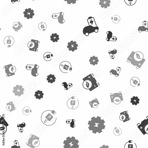 Set Electric car, Gear and lightning, Eco nature leaf battery and Charging parking electric on seamless pattern. Vector
