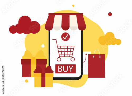 The concept of online shopping on social media app. Smartphone with shopping bag, cart, batton 