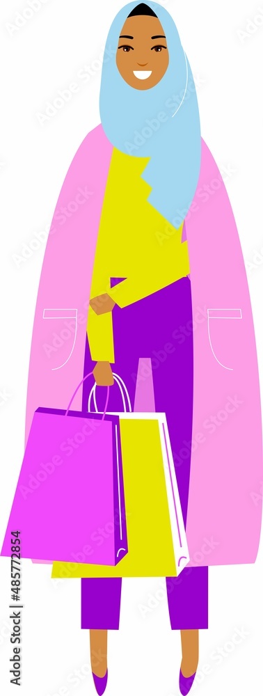 Illustration Arab Woman in Hijab with Shopping Bags. Modern fashion woman in hijab Illustration Arab Woman in Hijab with Bags.