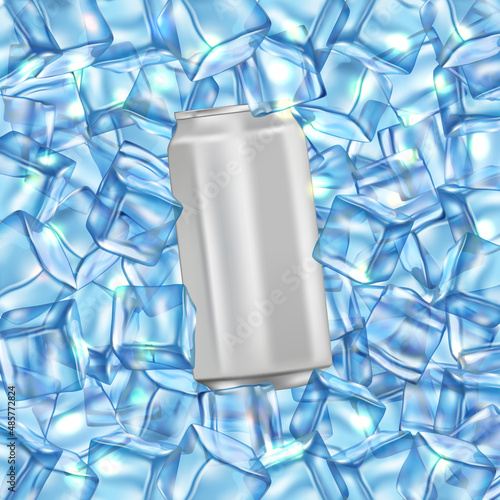 Aluminum can of metallic color, on a background of ice cubes.