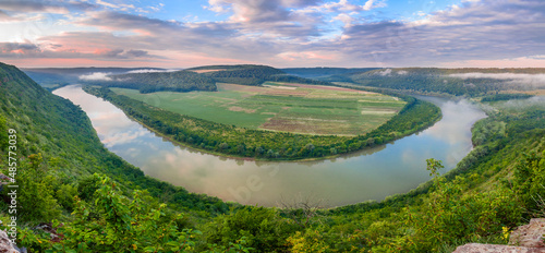 Morning on the Dniester river. Picturesque panoramic landscape from the height of the canyon. Dniester Canyon National Nature Park, Ukraine