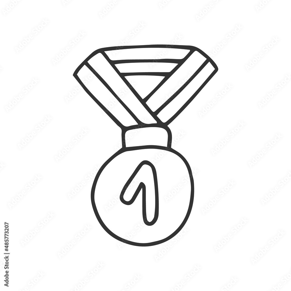 Single hand drawn medal for winner. In doodle style, black outline isolated on white background. Cute element for card, social media banner, sticker, decoration kids playroom. Vector illustration Single hand drawn medal for winner. In doodle style, black outline isolated on white background. Cute element for card, social media banner, sticker, decoration kids playroom. Vector illustration