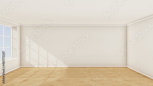 Realistic 3d render of an empty room with wooden floor, window and white walls.