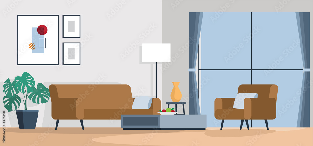 Living room with sofa, flat style, vector illustration Living room with sofa, flat style, vector illustration