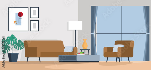 Living room with sofa, flat style, vector illustration