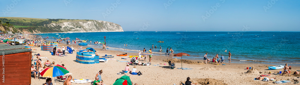 Swanage Beach and white cliffs in summer, Dorset, England, United Kingdom, Europe