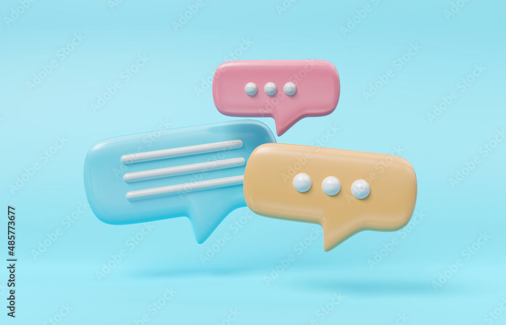 Minimalist blue red and yellow speech bubbles talk icons floating over background. Modern conversation or social media messages with shadow. 3D rendering Minimalist blue red and yellow speech bubbles talk icons floating over background. Modern conversation or social media messages with shadow. 3D rendering