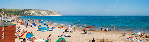 Swanage Beach and white cliffs in summer, Dorset, England, United Kingdom, Europe photo