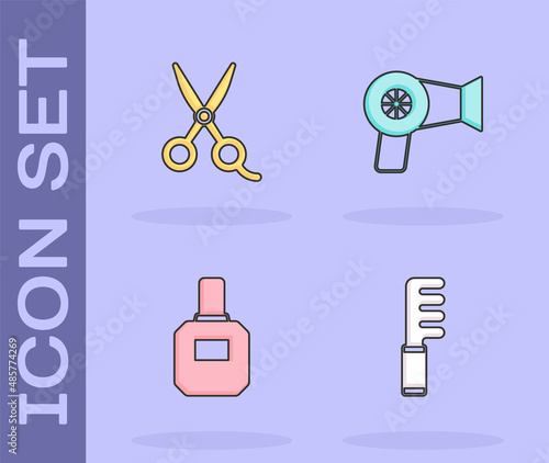 Set Hairbrush, Scissors hairdresser, Aftershave and dryer icon. Vector