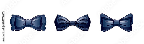 Tie bow. Vector black bowtie set. Butterfly necktie. Suit tuxedo ribbon isolatedvon white. Sketch men dress icon. Male wedding knot in doodle style. Formal neck tie bow collection illustration