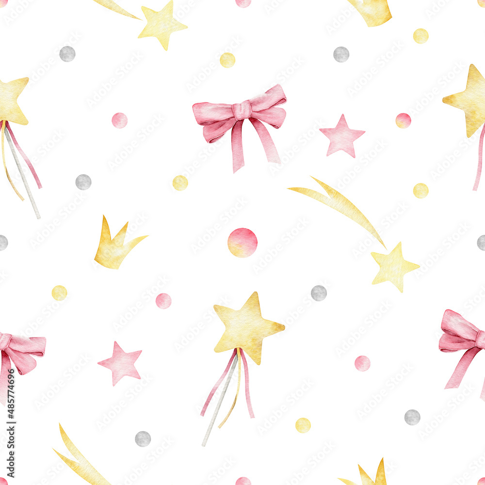 Cute fairytale watercolor seamless pattern with magic wand, bows and stars on a white background. Cute fairytale watercolor seamless pattern with magic wand, bows and stars on a white background.