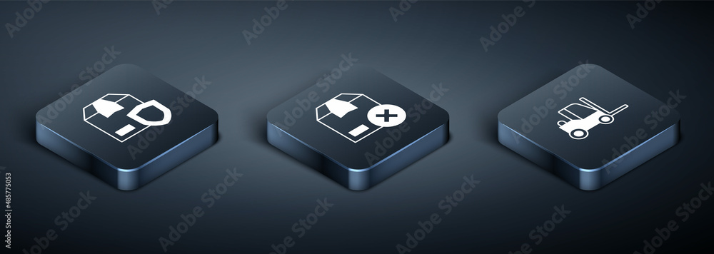 Set Isometric Delivery security with shield, Forklift truck and Carton cardboard box icon. Vector Set Isometric Delivery security with shield, Forklift truck and Carton cardboard box icon. Vector