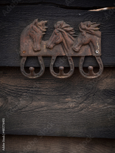 Vertical view of clothe hanger in the shape of three horses with horse shoe to hang the clothes from.