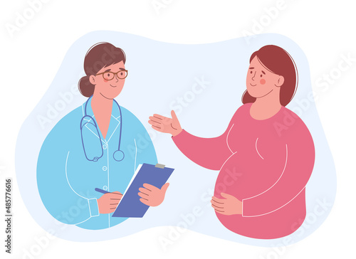 Pregnant woman at a doctor's appointment. Female doctor in uniform with stethoscope examines pregnant woman.