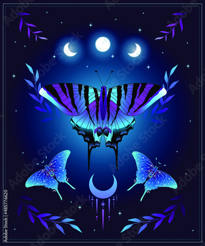 Magic vector illustration of moon moth in blue colors. For print for T-shirts and bags, decor element. Mystical and magical, astrology illustration