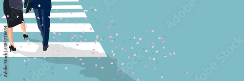 A businessman and a business woman crossing a pedestrian crossing. the wind-blown cherry blossoms, spring banner, copy space, vector illustration, sign, poster