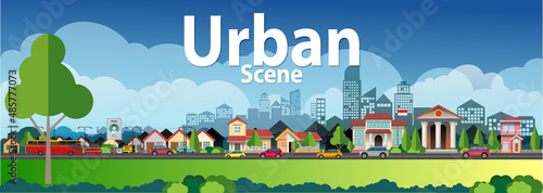 Vector illustration, landscape of a rapidly growing urban area around a big city.