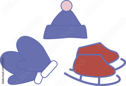 illustration of a hat, mittens and skates