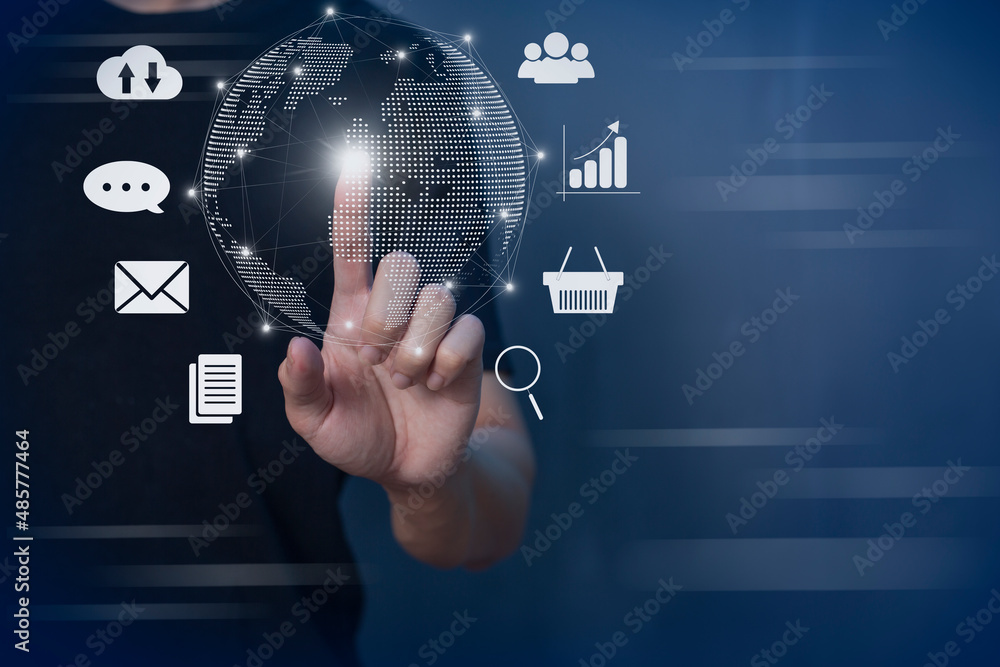 Obraz premium man online transactions with data connection around the world by internet technology, big data, data search, online marketing.