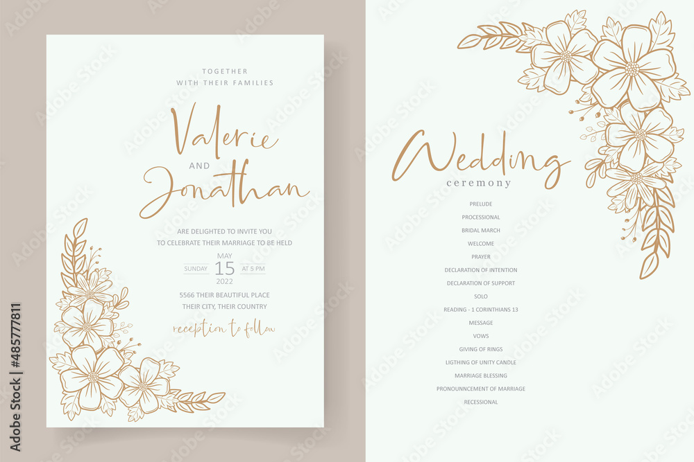 Wedding invitation template with floral outline decoration