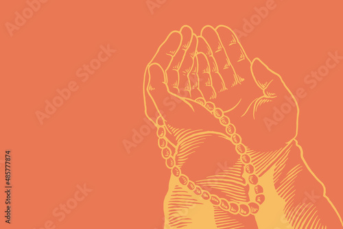 Hand drawn sketch of hand praying isolated on orange background for religion theme in colorful style.