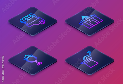 Set Isometric line Fast street food cart, Circus fire hoop, tent and Magician hat. Blue square button. Vector
