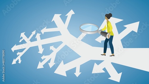 Woman in crossroad. Tries to find out what each arrow can lead her to with a magnifying glass. Vector illustration. EPS10. Dimension 16:9.