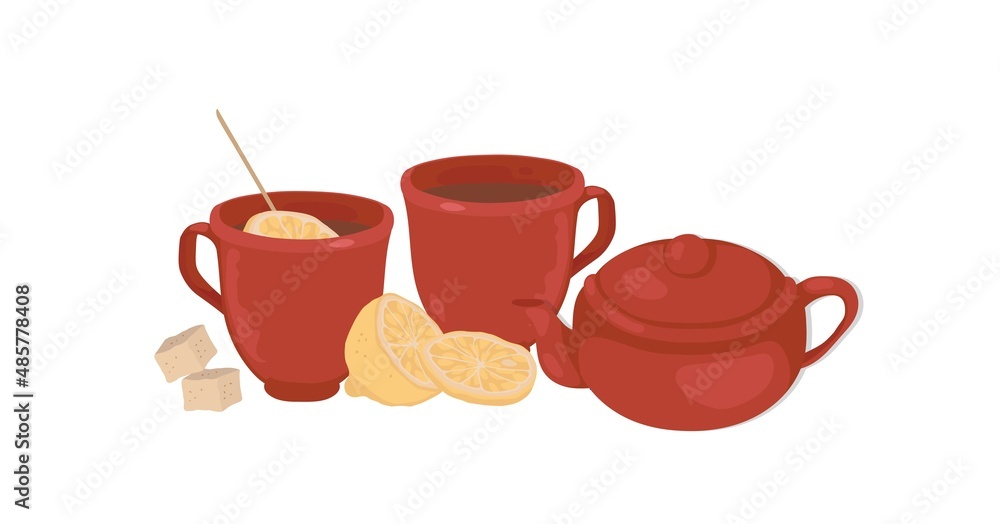 Obraz premium Ceramic mugs and a teapot logo. Hand-drawn hot tea with lemon, sugar cubes icon. Tea time. Vector isolated colorful element.