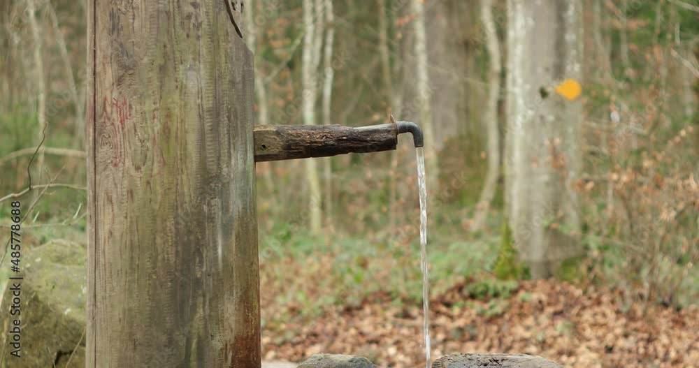 Old rustic drinkable water fountain in a forest. Water stream flowing from metal faucet, real time, no people Old rustic drinkable water fountain in a forest. Water stream flowing from metal faucet, real time, no people