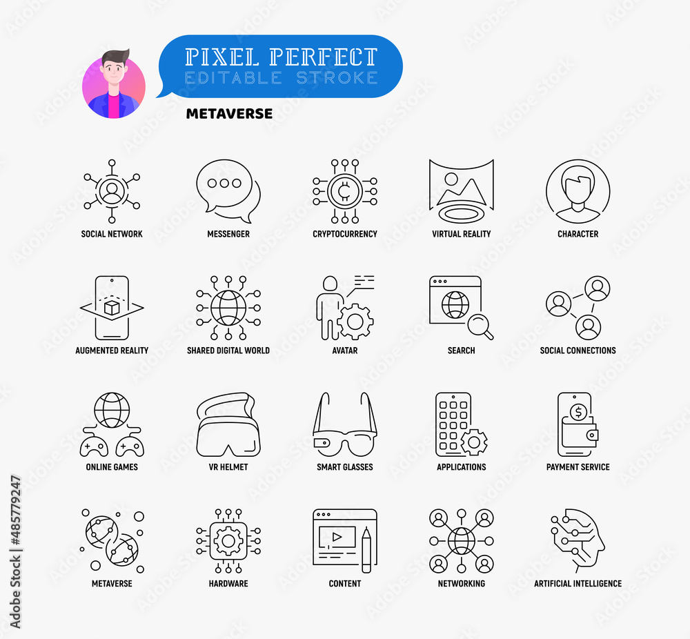 Metaverse thin line icons set: social network, virtual reality, avatar, shared digital world, smart glasses, vr helmet, ai, payment service. Pixel perfect, editable stroke. Vector illustration. Metaverse thin line icons set: social network, virtual reality, avatar, shared digital world, smart glasses, vr helmet, ai, payment service. Pixel perfect, editable stroke. Vector illustration.