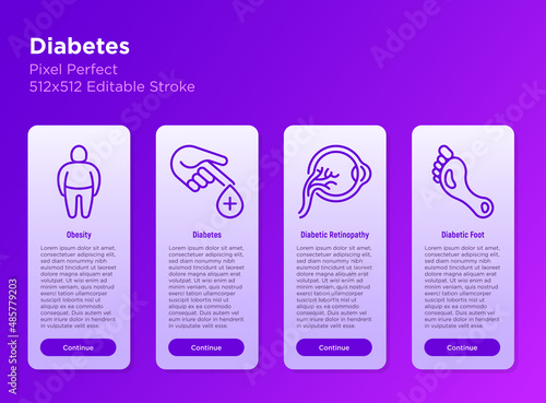 Diabetes thin line icons set: blood test, diabetic foot, diabetic retinopathy, medical checkup, obesity. Pixel perfect, editable stroke. Vector illustration.