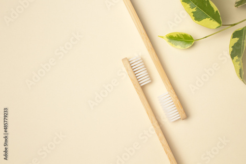 Two wooden bamboo eco friendly toothbrushes and green leaf on purple background. Dental care and zero waste concept. Flat lay  top view  copy space