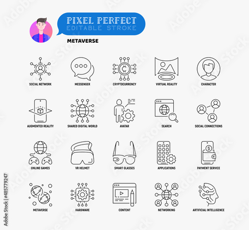 Metaverse thin line icons set: social network, virtual reality, avatar, shared digital world, smart glasses, vr helmet, ai, payment service. Pixel perfect, editable stroke. Vector illustration.