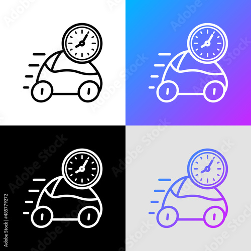 Fast time thin line icon: car at speed and clock. Modern vector illustration of quickly delivery, time running.