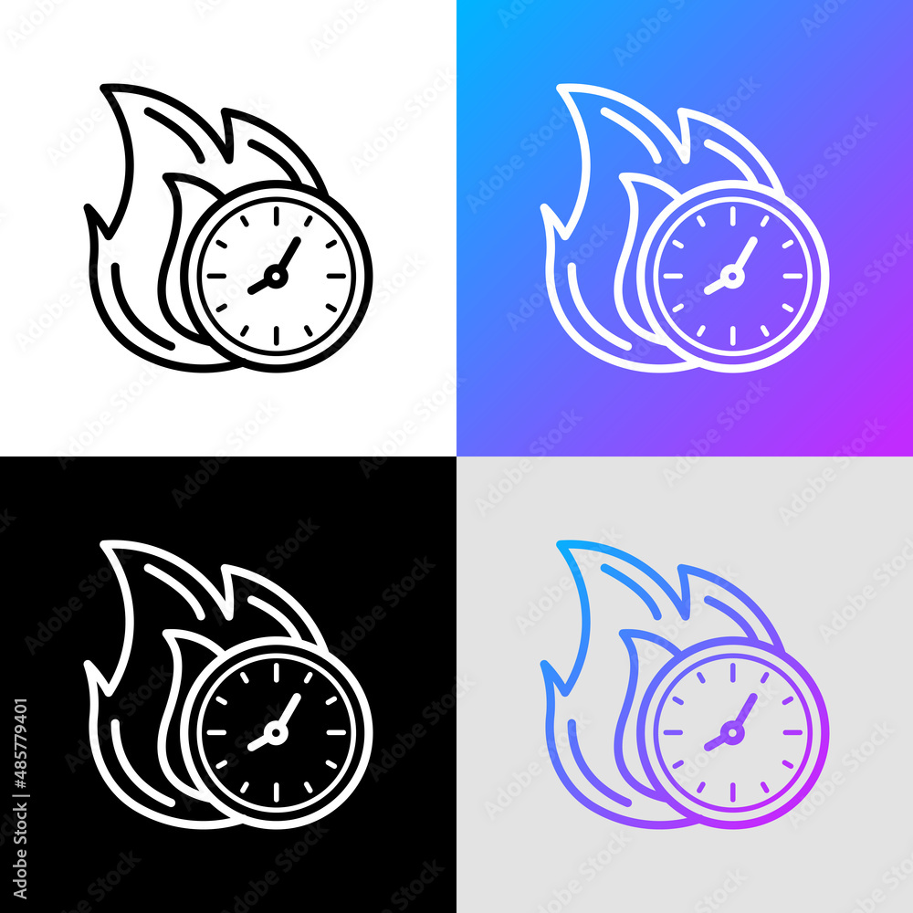 Fototapeta premium Hot time: clock in fire thin line icon. Modern vector illustration of sale, deal.
