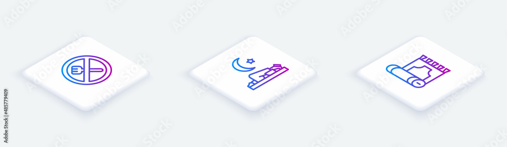 Set Isometric line Ramadan fasting, Muslim man prays and Traditional carpet. White square button. Vector Set Isometric line Ramadan fasting, Muslim man prays and Traditional carpet. White square button. Vector